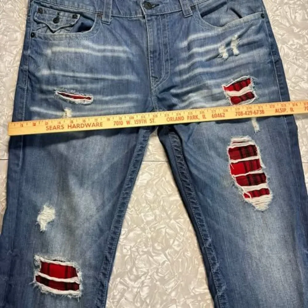 True Religion Ricky Straight Leg Jeans Size 40 with Plaid Patches
